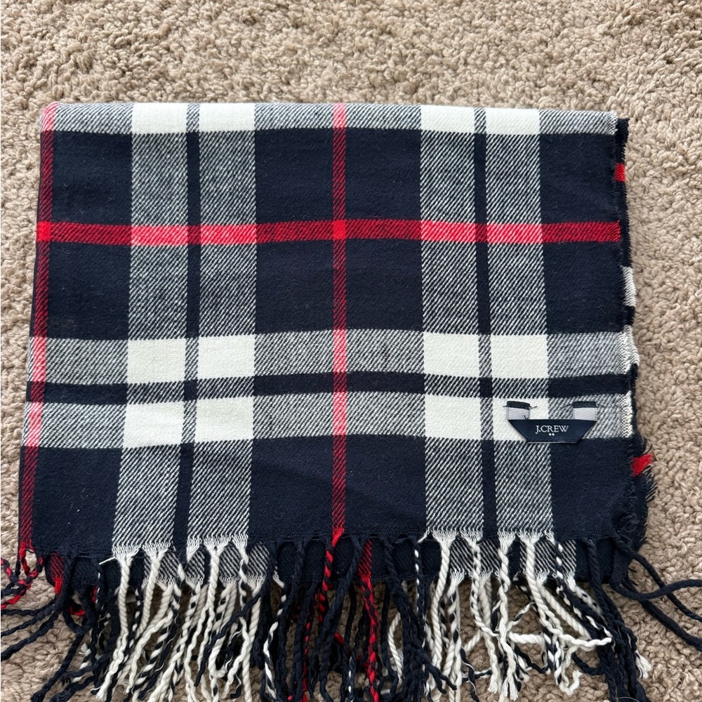 J. Crew Navy, White & Red Plaid Fringe Scarf